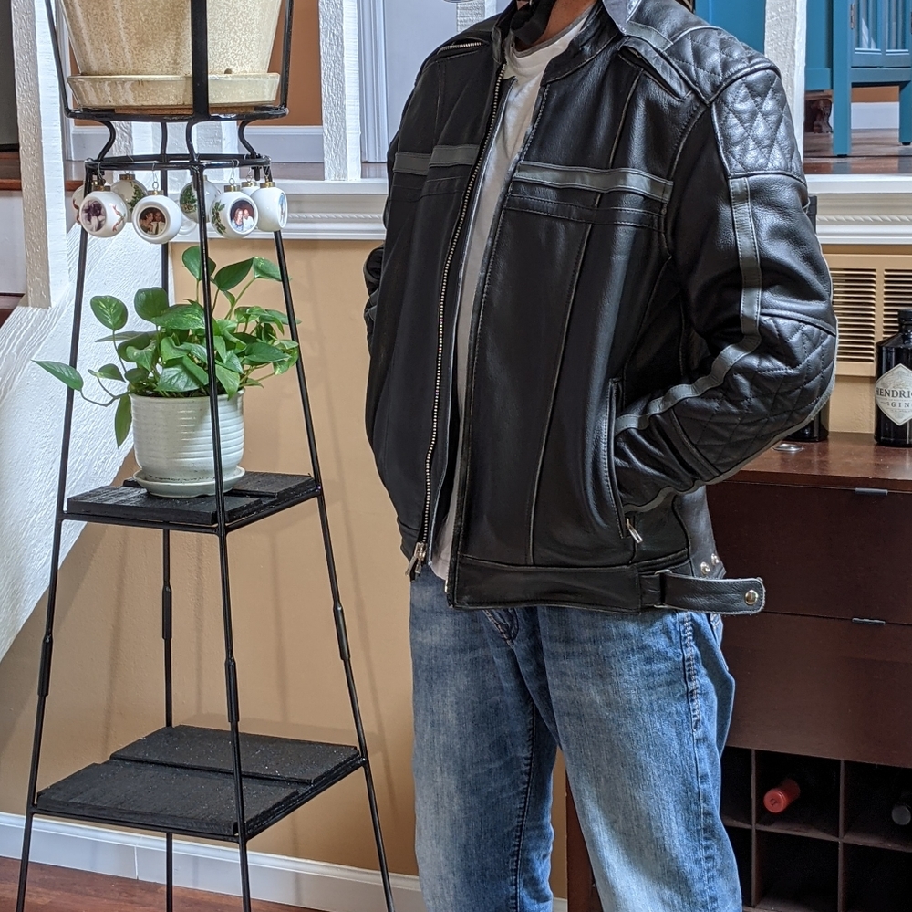 Black leather motorcycle jacket